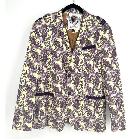 Platini Jacket Suit Men's Paisley Military Multi Print Size L Blazer Purple - Picture 1 of 8